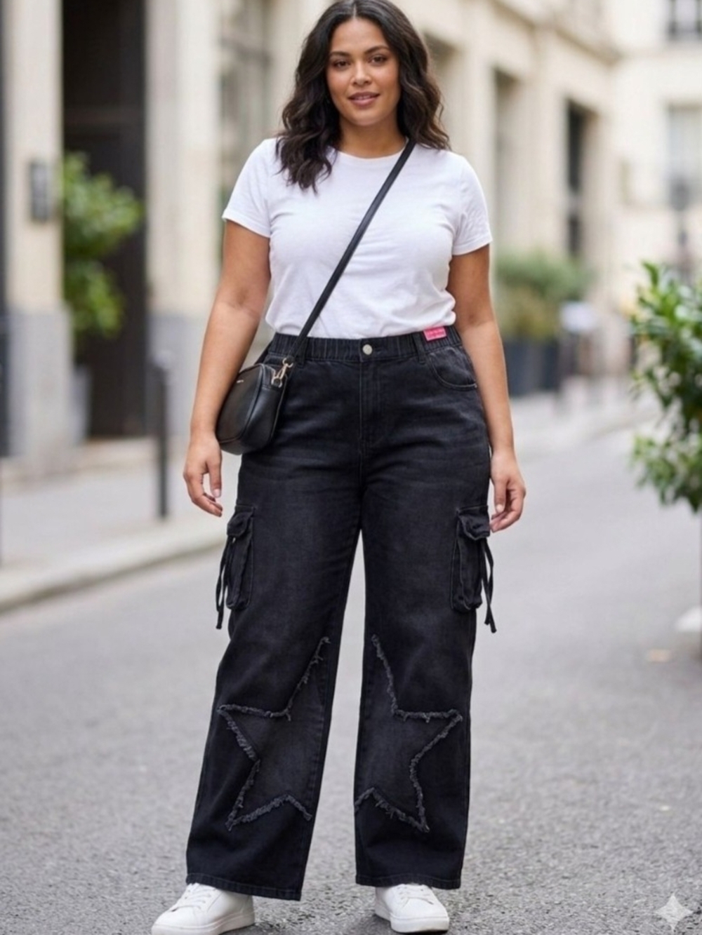 VIP JEANS Black Wide-Leg Cargo Jeans with Star Detail. Size 13 X 31